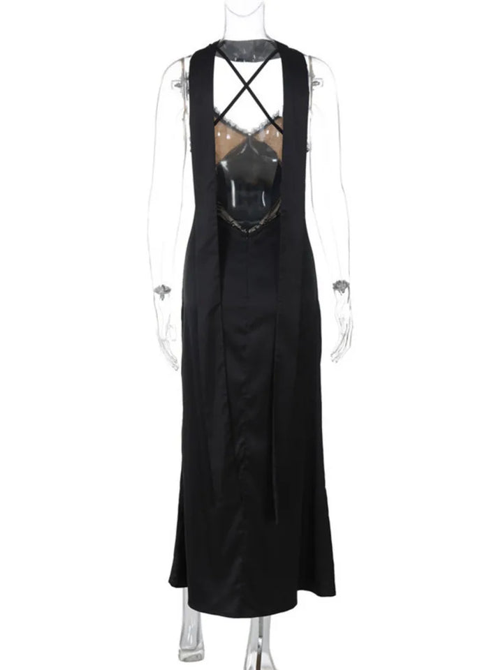 Maxi satin dress with lace decoration and matching scarf, open back - Liset