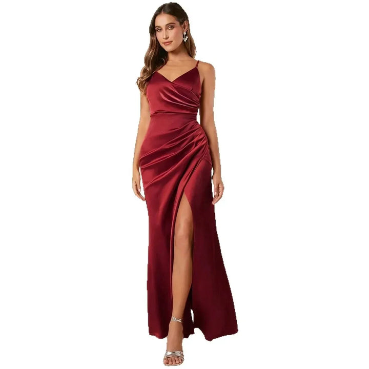 Elegant Maxi Satin Dress with Slit Detail - Reina