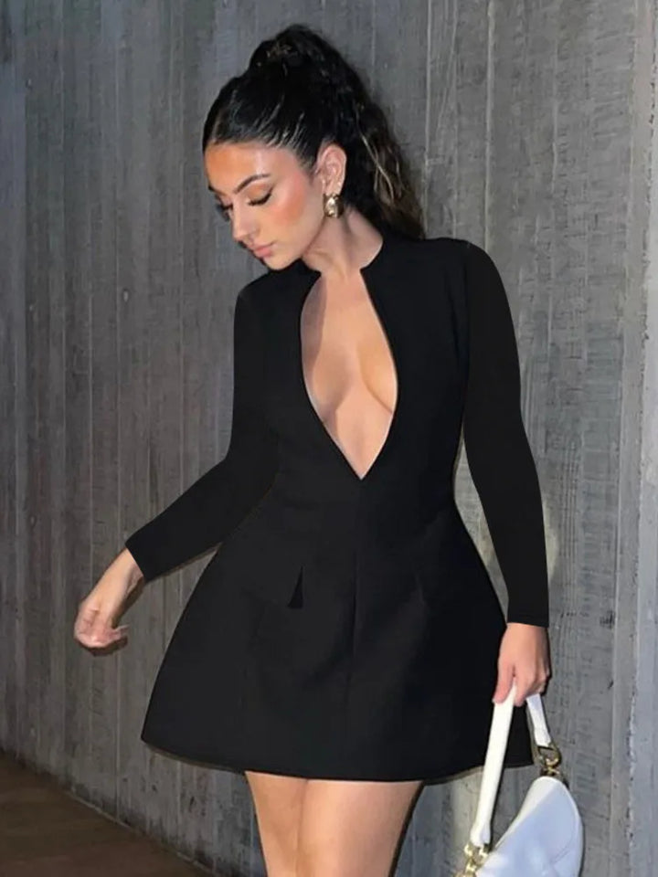 A-Line Mini Dress with Deep Neckline and Pocket Details - Bianca