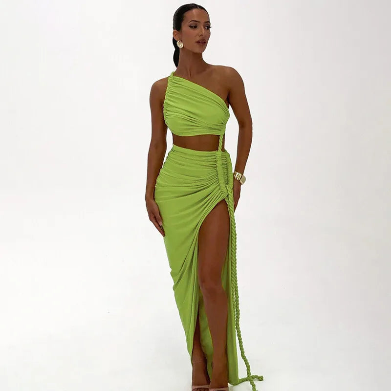 Maxi One-Shoulder Dress with Cutout and Slit, Braided Detail - Panama