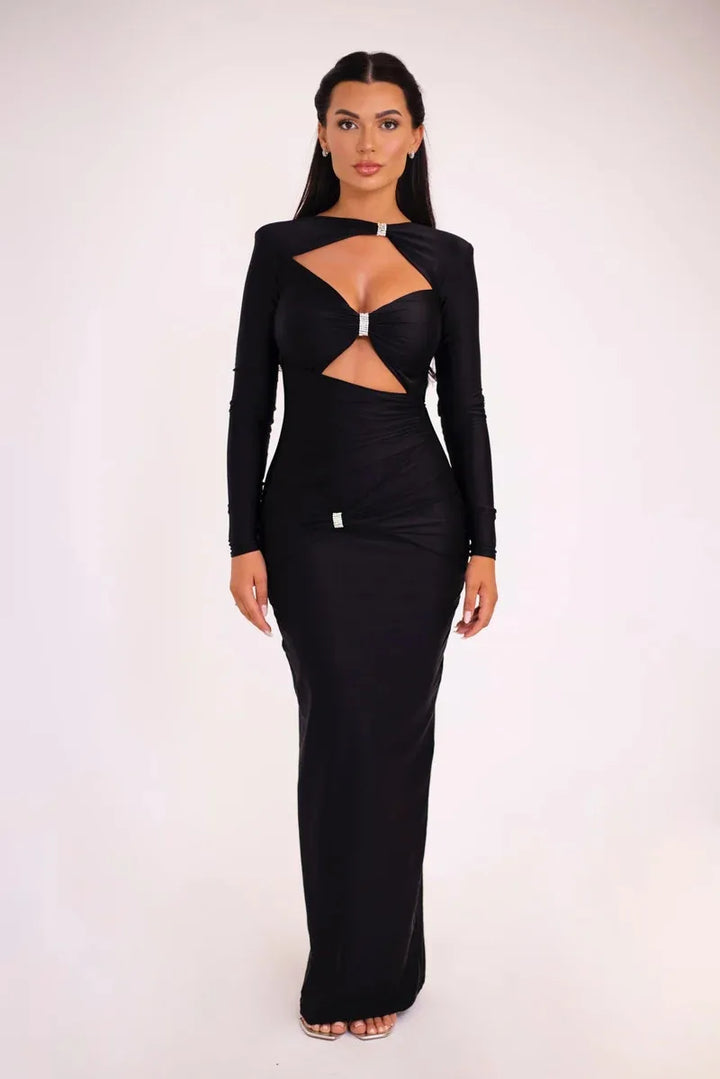 Elegant maxi shaping fabric dress with cutouts and sequins - Kesem