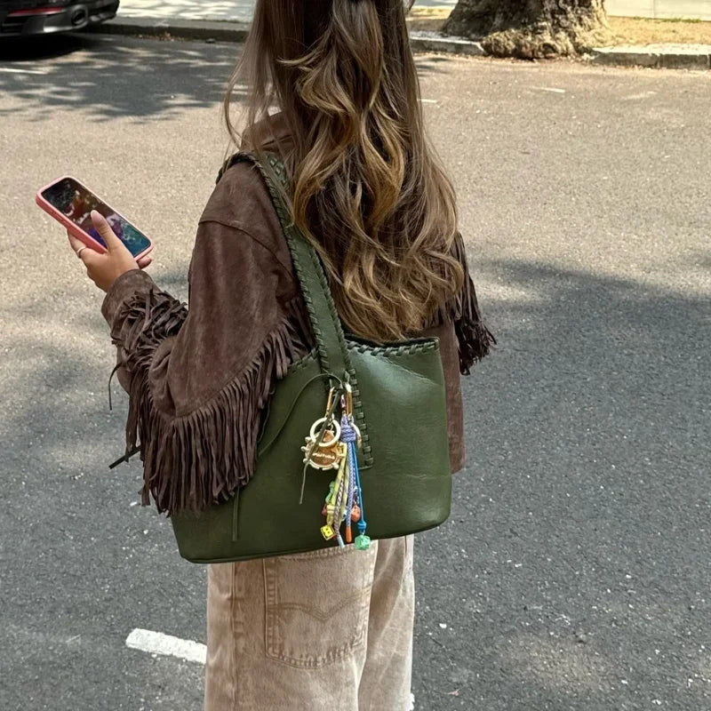 Suede Jacket with Fringe Design - Brown