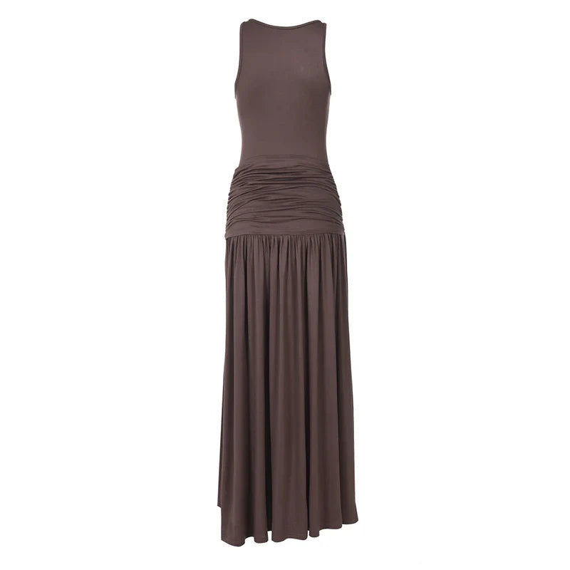 Maxi dress with pleats and tie boho chic design - Dalila