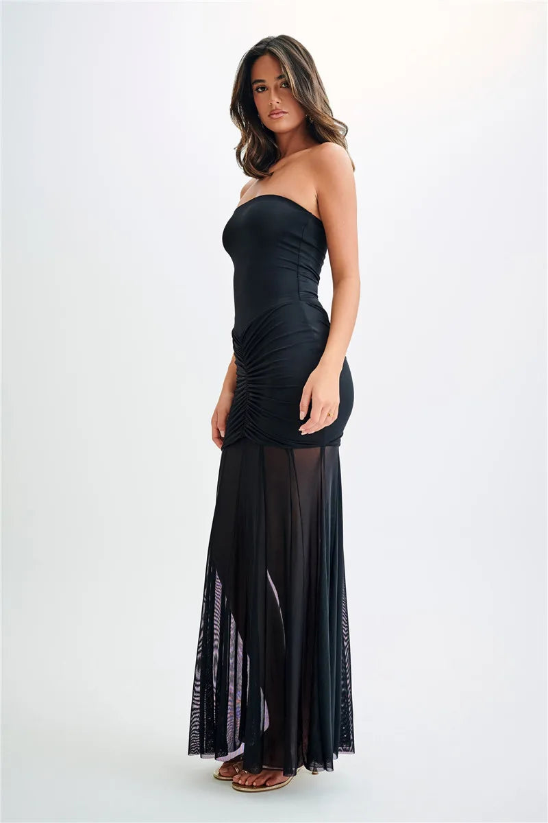 Chiffon Maxi Dress with Gathered Off-the-Shoulder Design - Delilah
