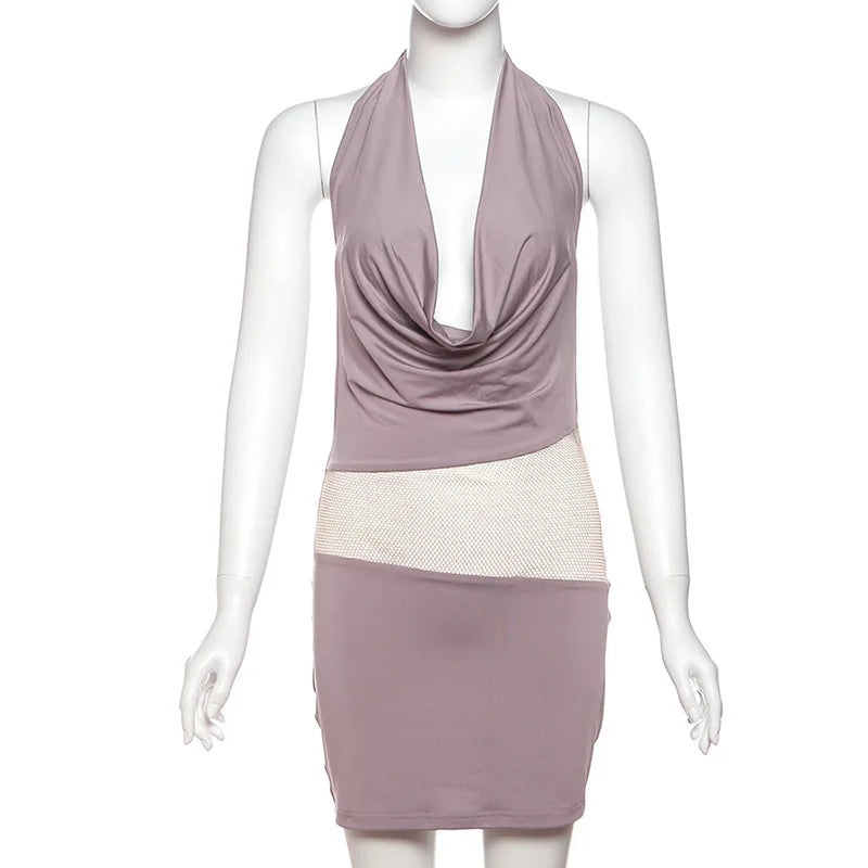 Mini Dress with Dropped Collar, Mesh, Sparkling Sequins, Ruching on Hips, and Neck Tie - Linda