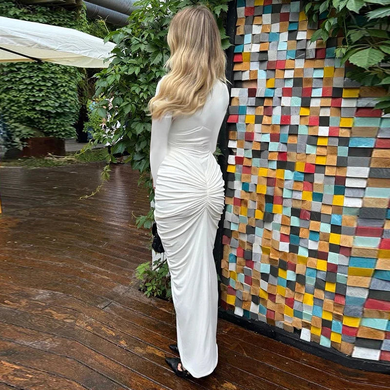 Maxi Dress with Gathered Turtleneck Collar and Slit Embellishment - Brianna