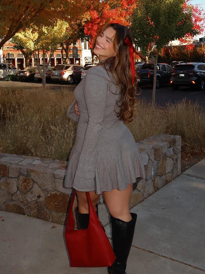 Knitted Ruffled Mini Dress with Asymmetric Turtleneck - Ohev