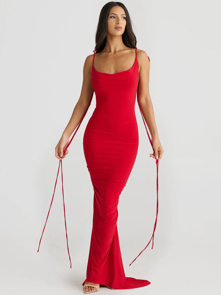 Fitted Maxi Dress with Floral Applique Detail and Open Back - Mariana