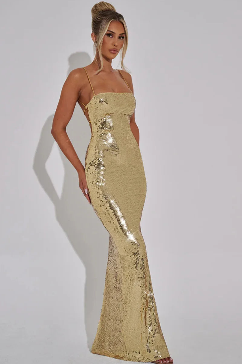 Sparkling Sequin Maxi Dress with Back Ties - Josie