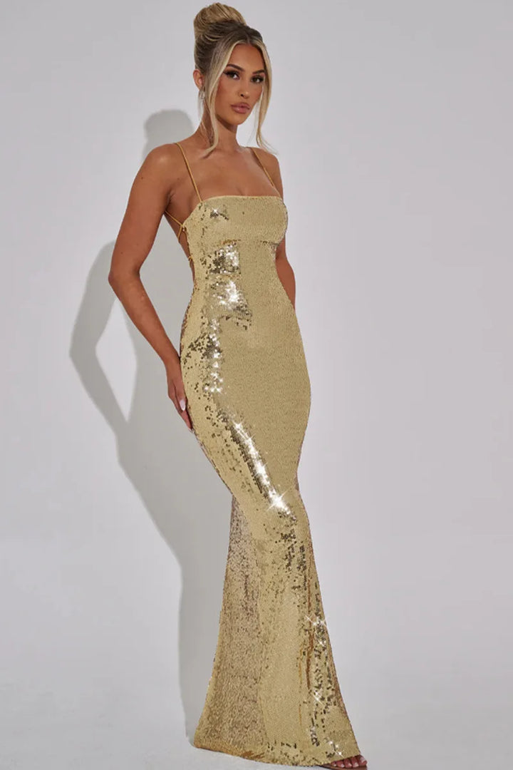 Sparkling Sequin Maxi Dress with Back Ties - Josie