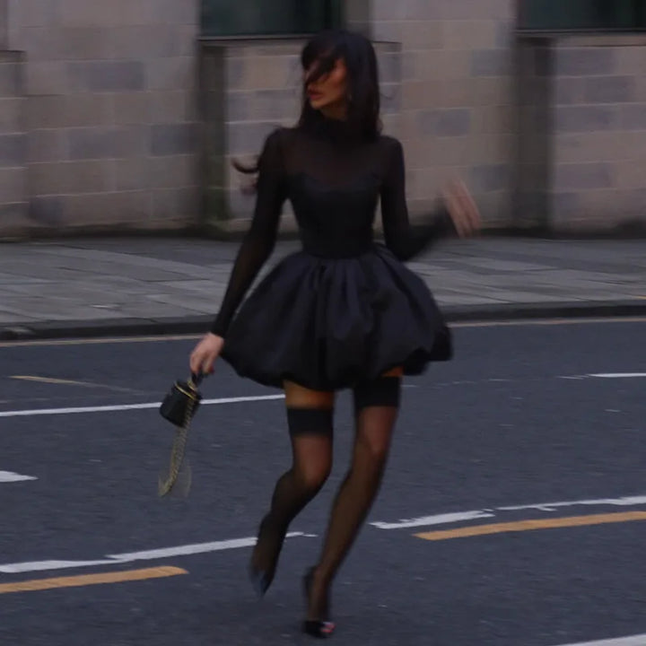 Balloon satin mini dress with mesh and half turtleneck design - Moran