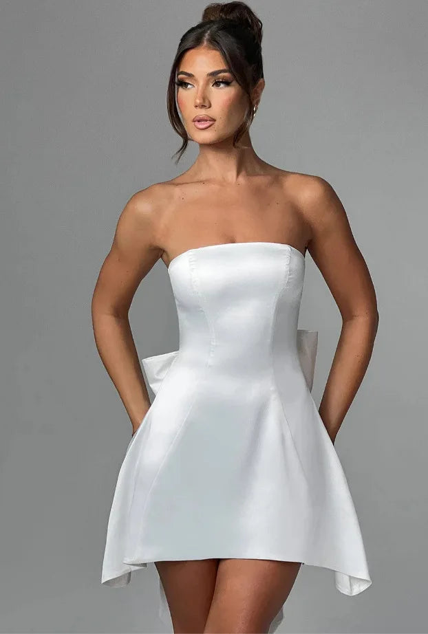 Strapless Satin Mini Dress with A-Line and Asymmetric Bow Detail - Roselyn