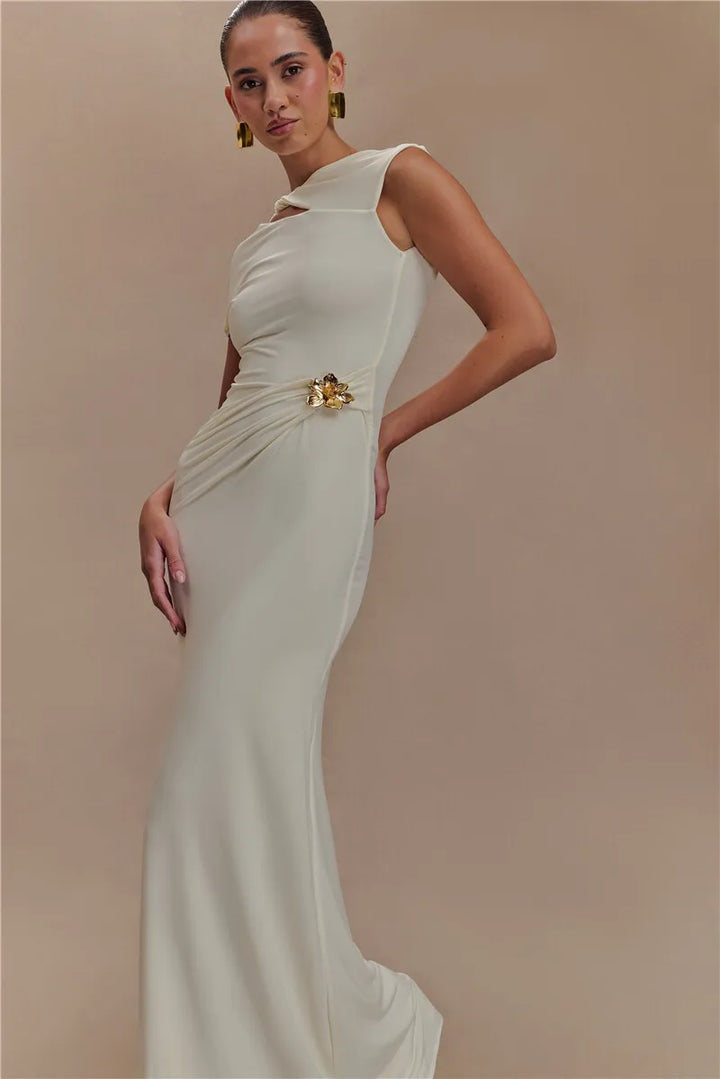 Elegant Maxi Dress with Ruching, One Sleeve, and Buckle Detail - Agatha