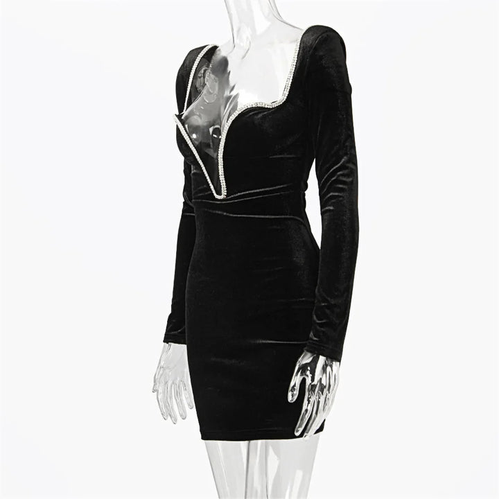 Mini velvet dress with deep V neckline decorated with diamonds - SANA
