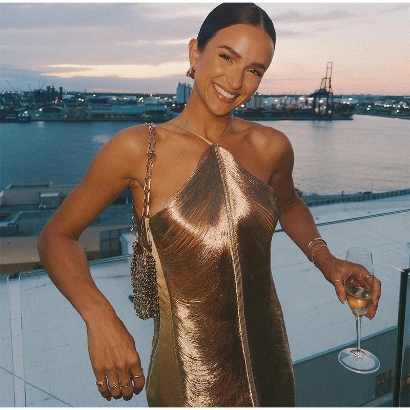 Mini Dress with Shiny Threads and Open Back - Georgia