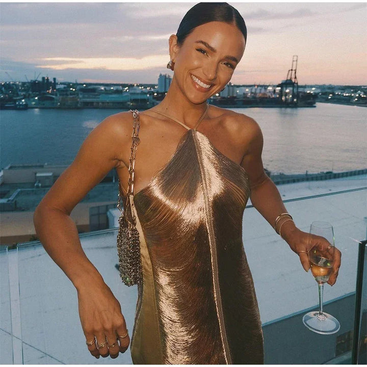 Mini Dress with Shiny Threads and Open Back - Georgia