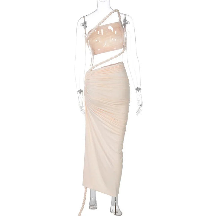 Maxi One-Shoulder Dress with Cutout and Slit, Braided Detail - Panama