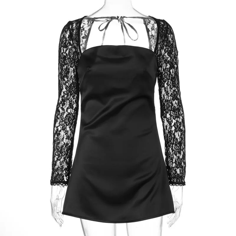 Satin Mini Dress with Lace Sleeves - Far