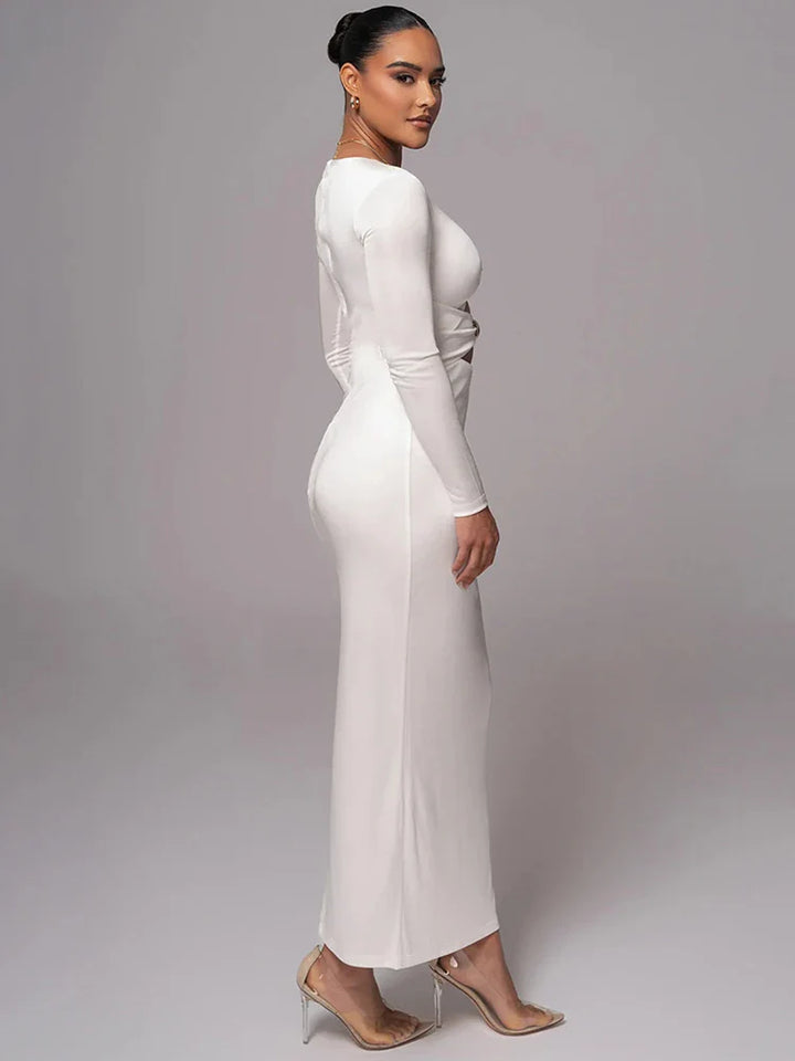 Fitted Shaping Fabric Maxi Dress with Cutouts and Buckles - Lauren