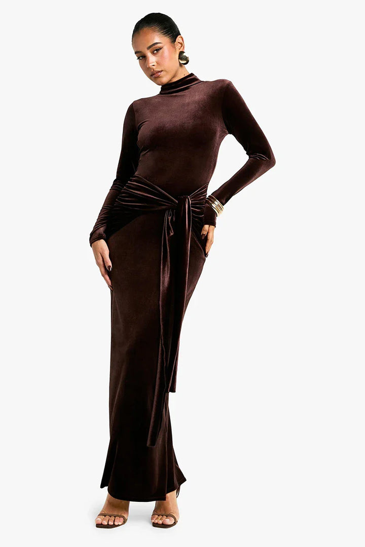 Velvet maxi dress with turtleneck and tie design - Karina