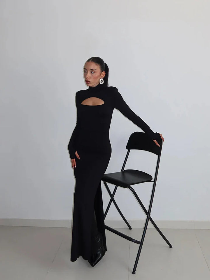 Elegant Maxi Dress with Slit Decoration and Turtleneck Collar - Eliana