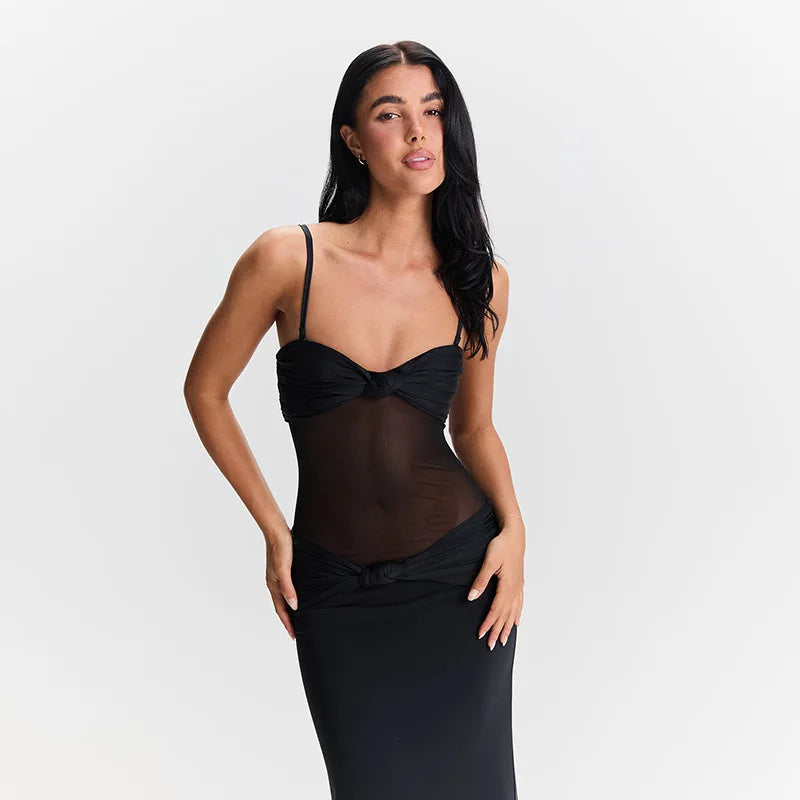 Maxi Dress with Removable Straps, Ruched and Mesh Design - Blair