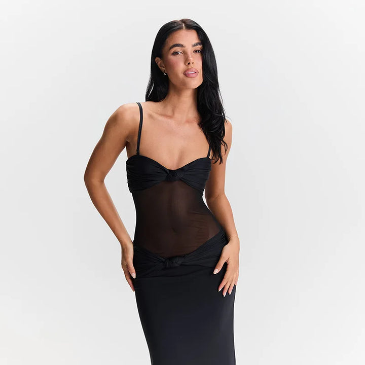 Maxi Dress with Removable Straps, Ruched and Mesh Design - Blair