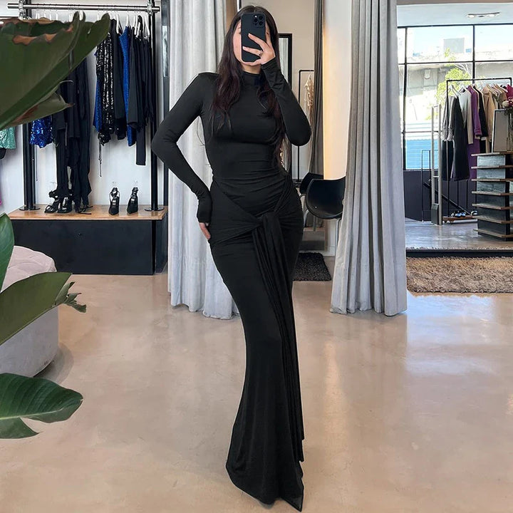 Maxi Dress with Turtleneck Collar, Gathered Design, and Tie - Margarita
