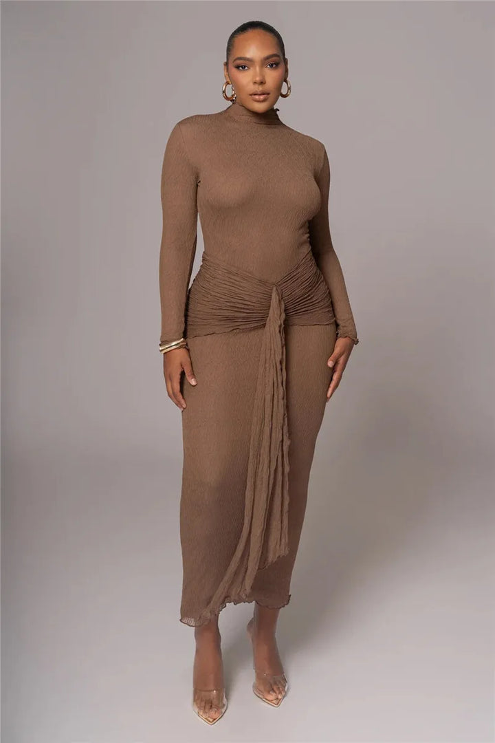 Maxi dress with ruching, tie decoration, and turtleneck collar - Halsey