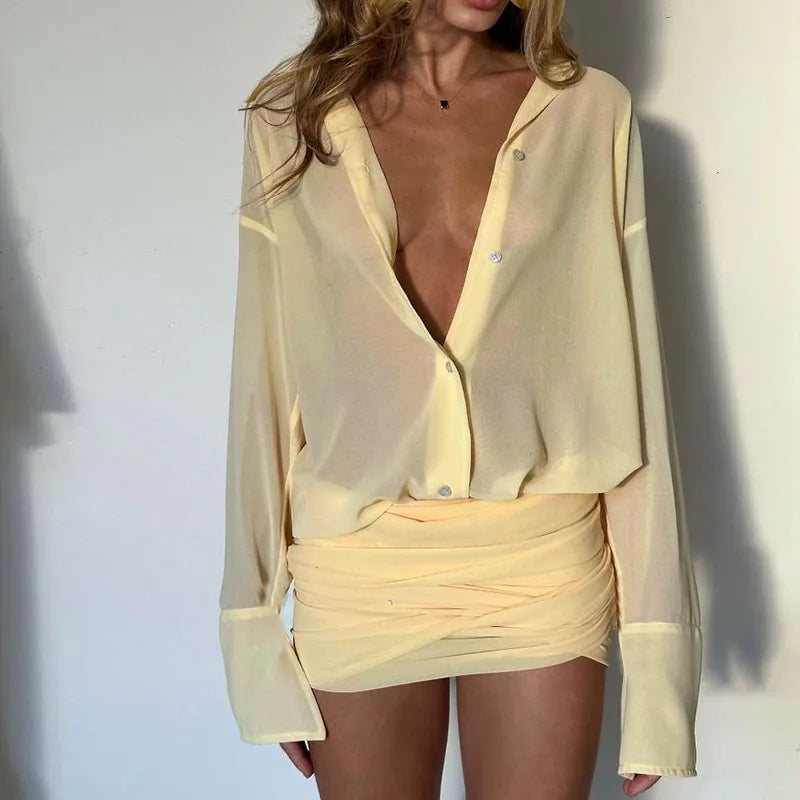 Chiffon Mini Dress with Pleated Design and Button Closure - Arabella