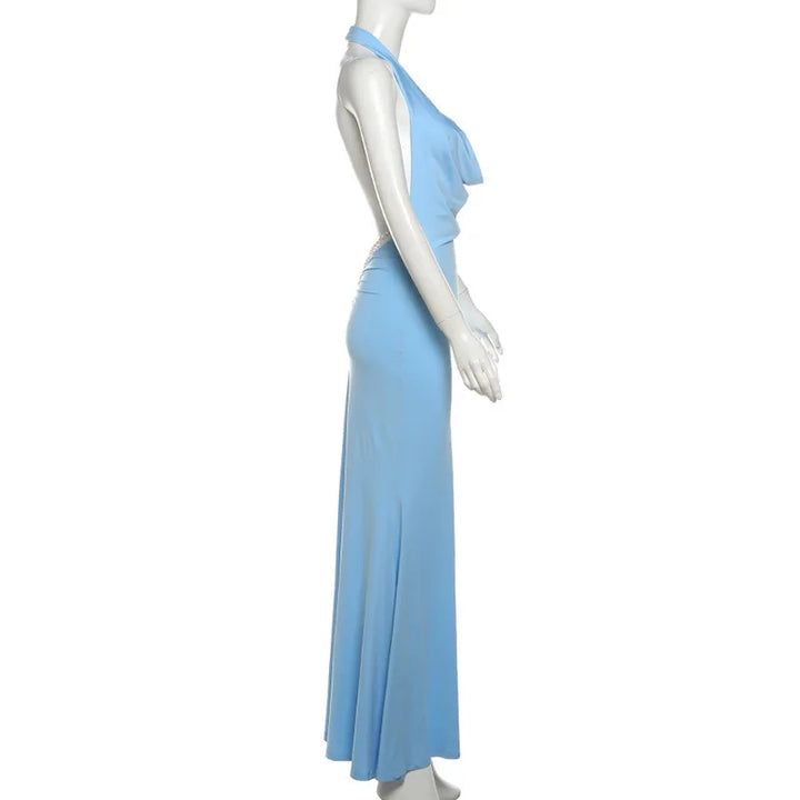 Maxi Dress with Draped Collar, Open Back, and Pearl Chain Detail - Camille