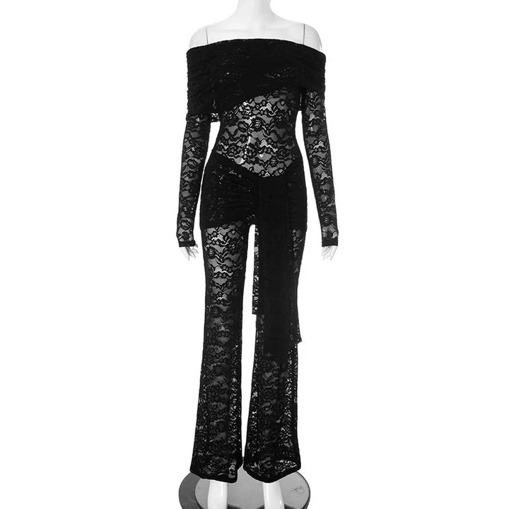 Lace jumpsuit with train and off-shoulder design - Gefen