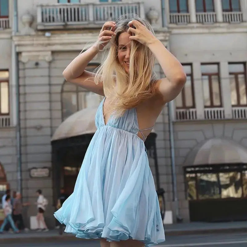 Ruffled Chiffon Mini Dress with Back Ties - Tulum