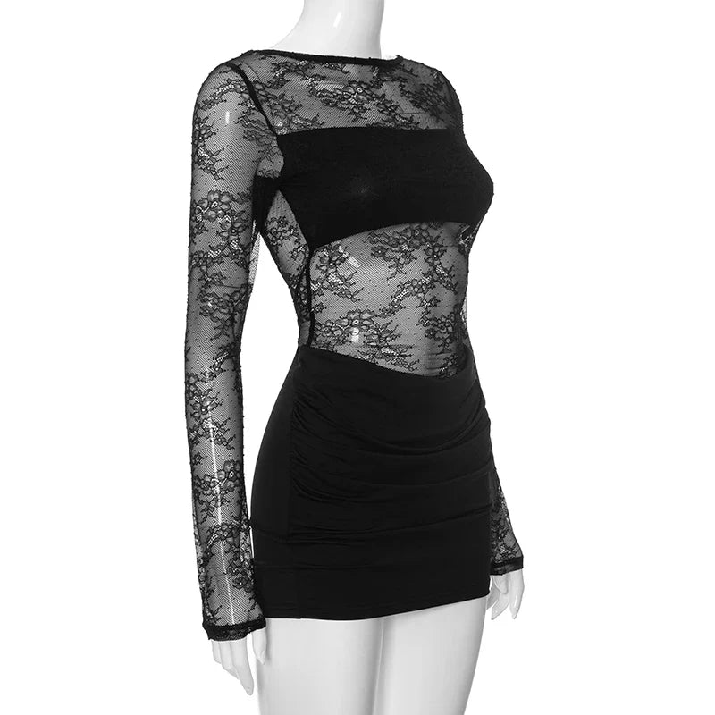 Mini lace dress with open back and pleated design - Tevel Or