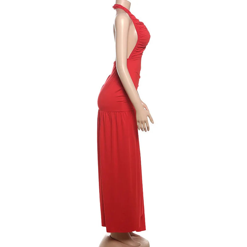 Ruched Maxi Dress with Tie Decoration, Open Back, and Deep V Neckline - Peleg