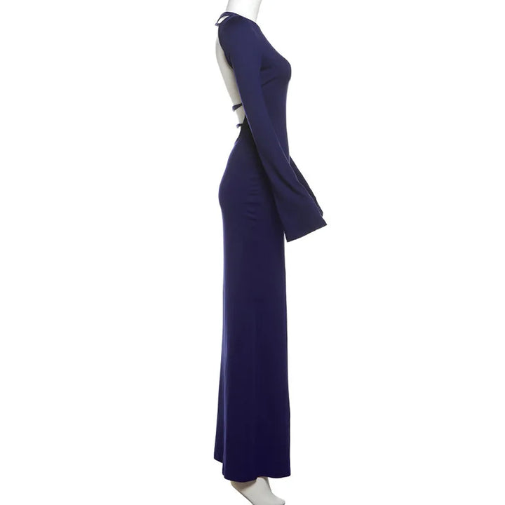 Open Back Maxi Dress with Bell Sleeves - Blueberry