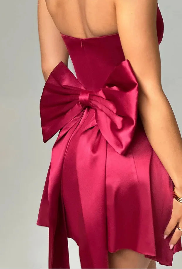 Strapless Satin Mini Dress with A-Line and Asymmetric Bow Detail - Roselyn