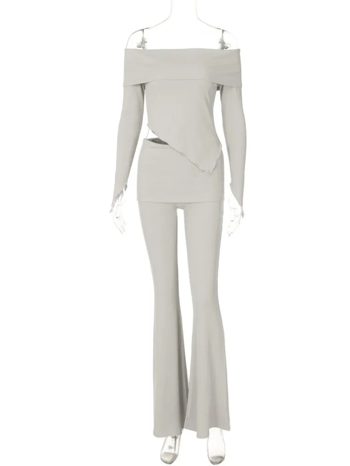 Two-piece knitted set with asymmetrical off-shoulder top and long pants - ROZIE
