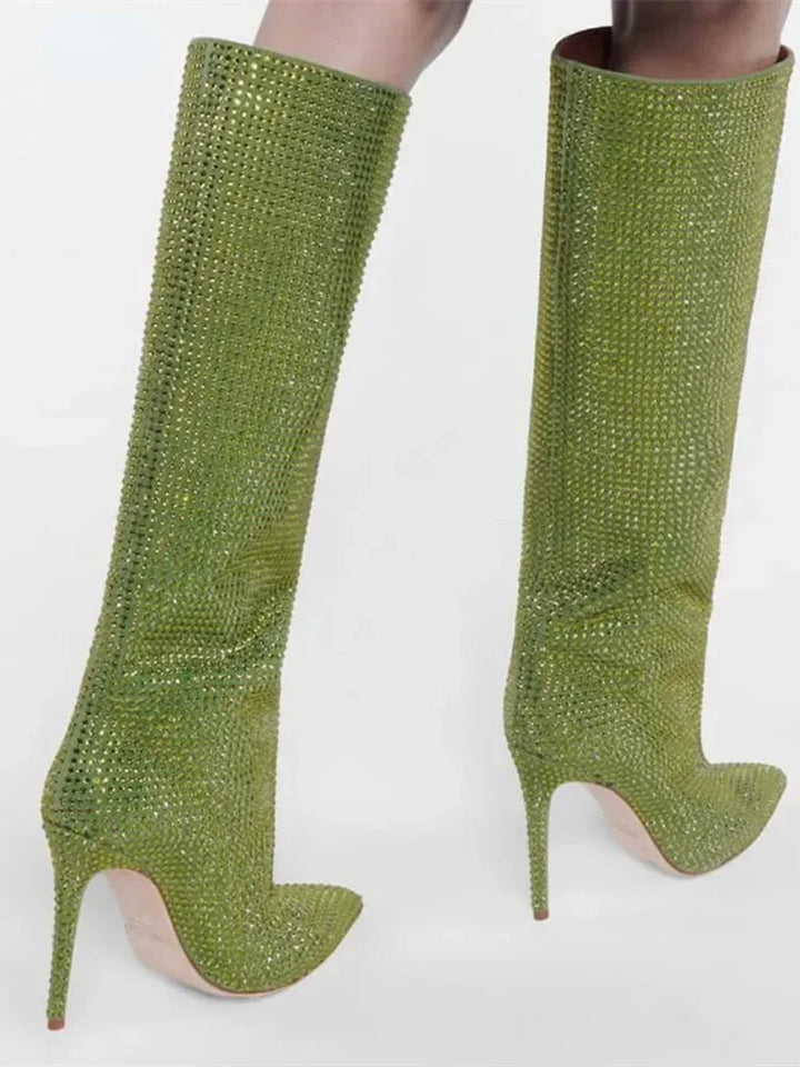 High Pointed Heel Boots with Sparkling Rhinestone Design - Josie