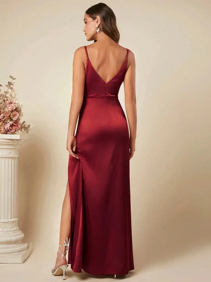 Elegant Maxi Satin Dress with Slit Detail - Reina