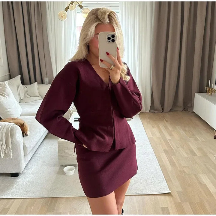 Two-Piece Knit Set with Pin-Closure Cardigan and Mini Skirt - Beatrice