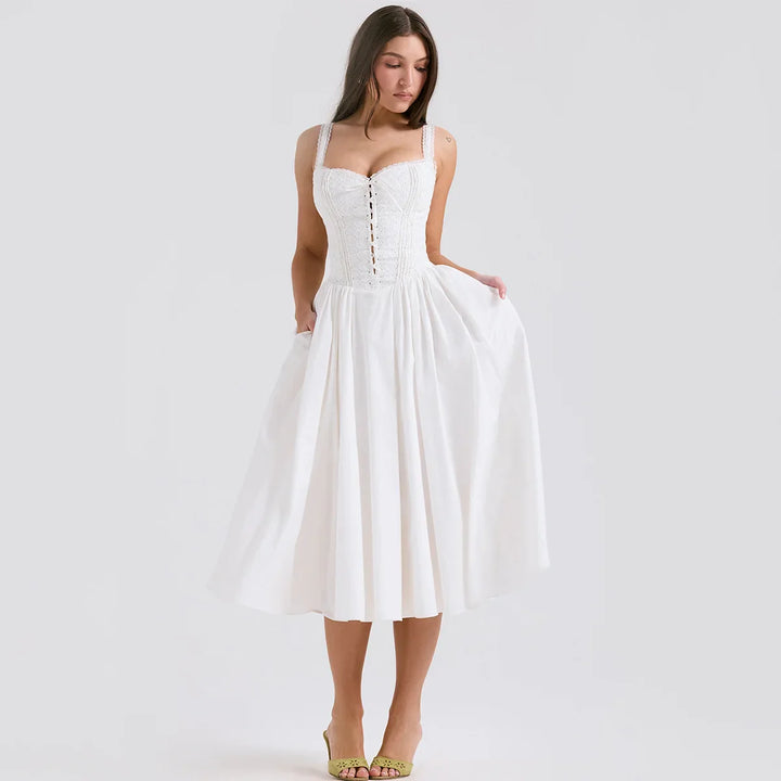 Midi Dress in Country Style with A-Line and Tie Design - SUNRISE