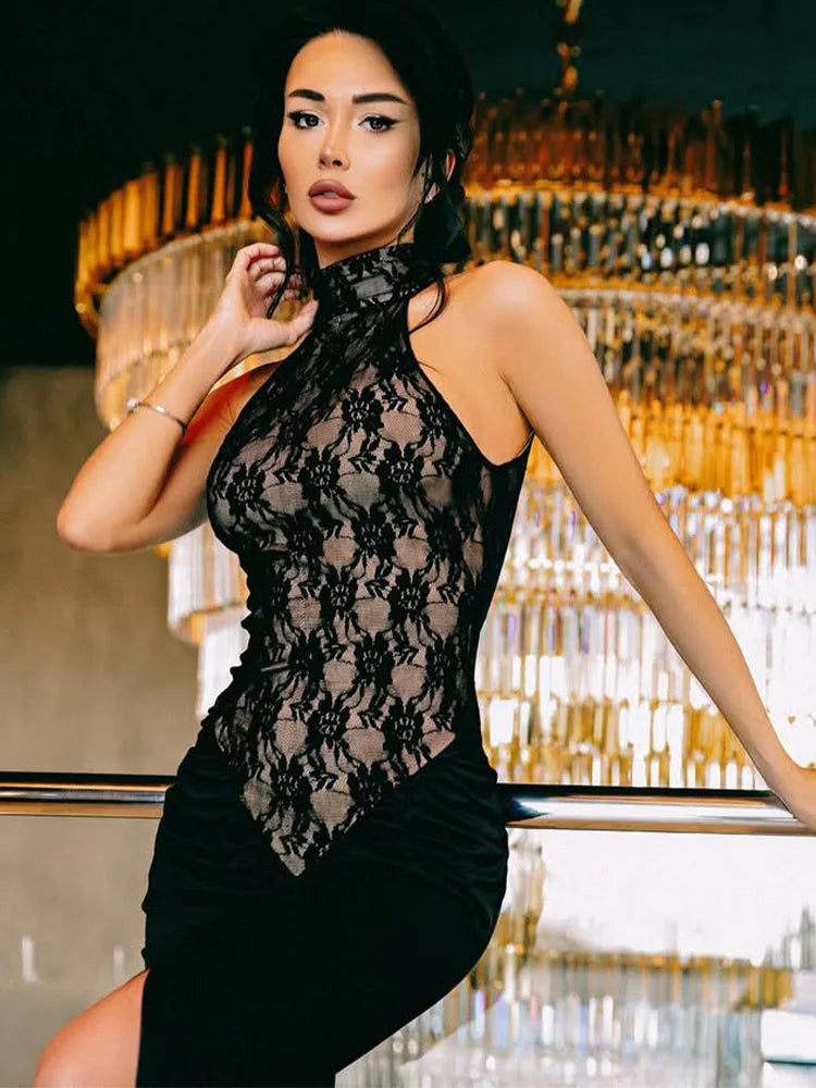 Golf Maxi Dress with Lace Detail and Deep Slit Design - Calliope