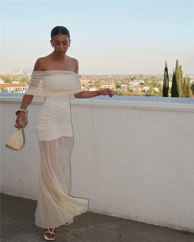 Chiffon Maxi Dress with Gathered Off-the-Shoulder Design - Delilah