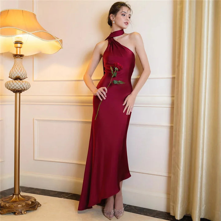 Asymmetric satin maxi dress with neck wrap design - Angela