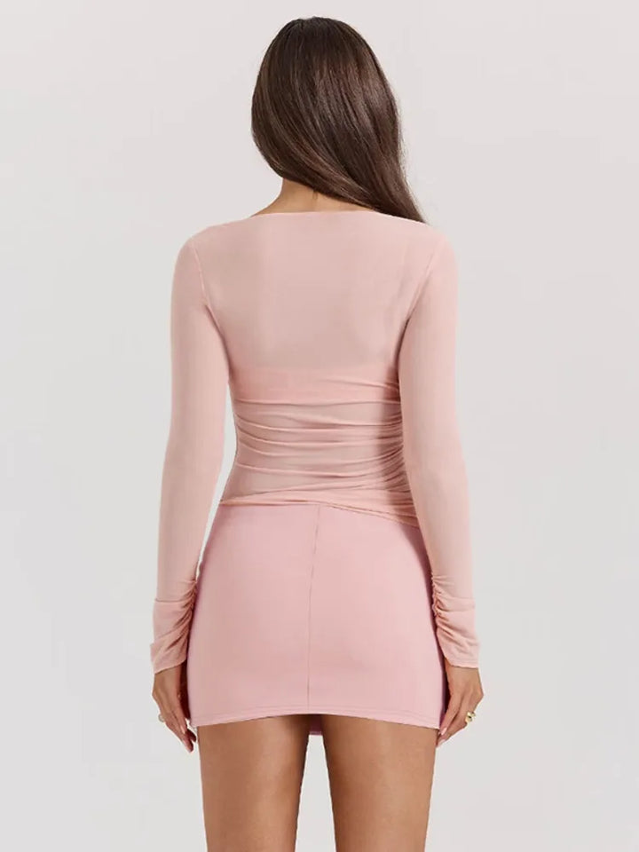 Three-Piece Set: Mini Skirt, Shirt, and Fitted Corset with Pocket Detail - Pearl