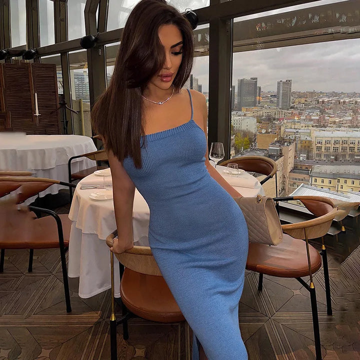 Knitted Maxi Dress with Spaghetti Straps and Back Ties - Lucia