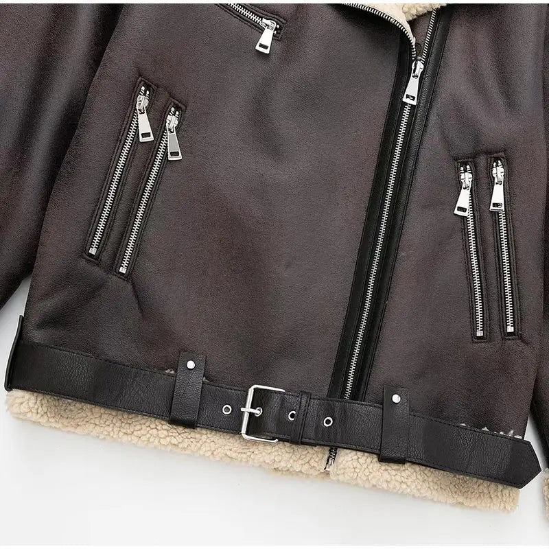 Oversized Leather Coat with Fur Lining - Kaya