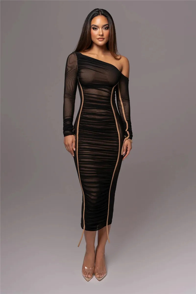 Midi ruched dress with asymmetrical neckline - LOV