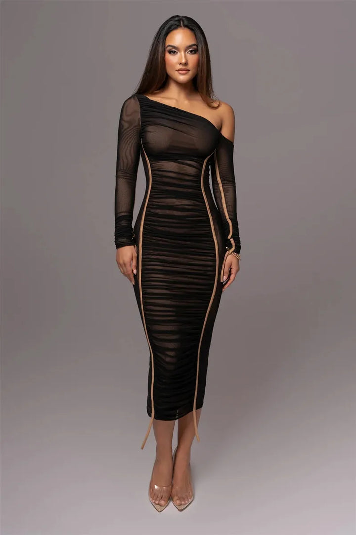 Midi ruched dress with asymmetrical neckline - LOV
